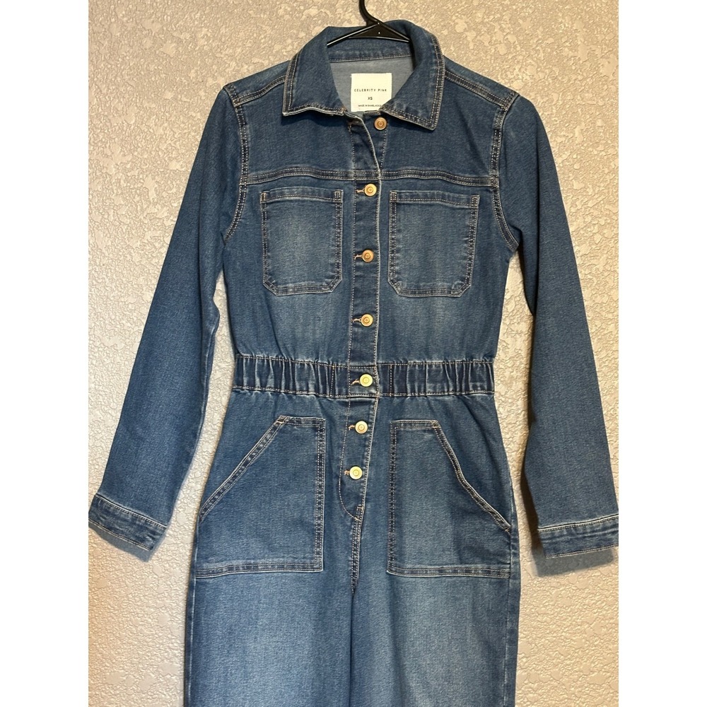 Celebrity Pink Womens Denim Straight leg Jumpsuit Dark Wash Elastic Waist XS - Picture 4 of 16